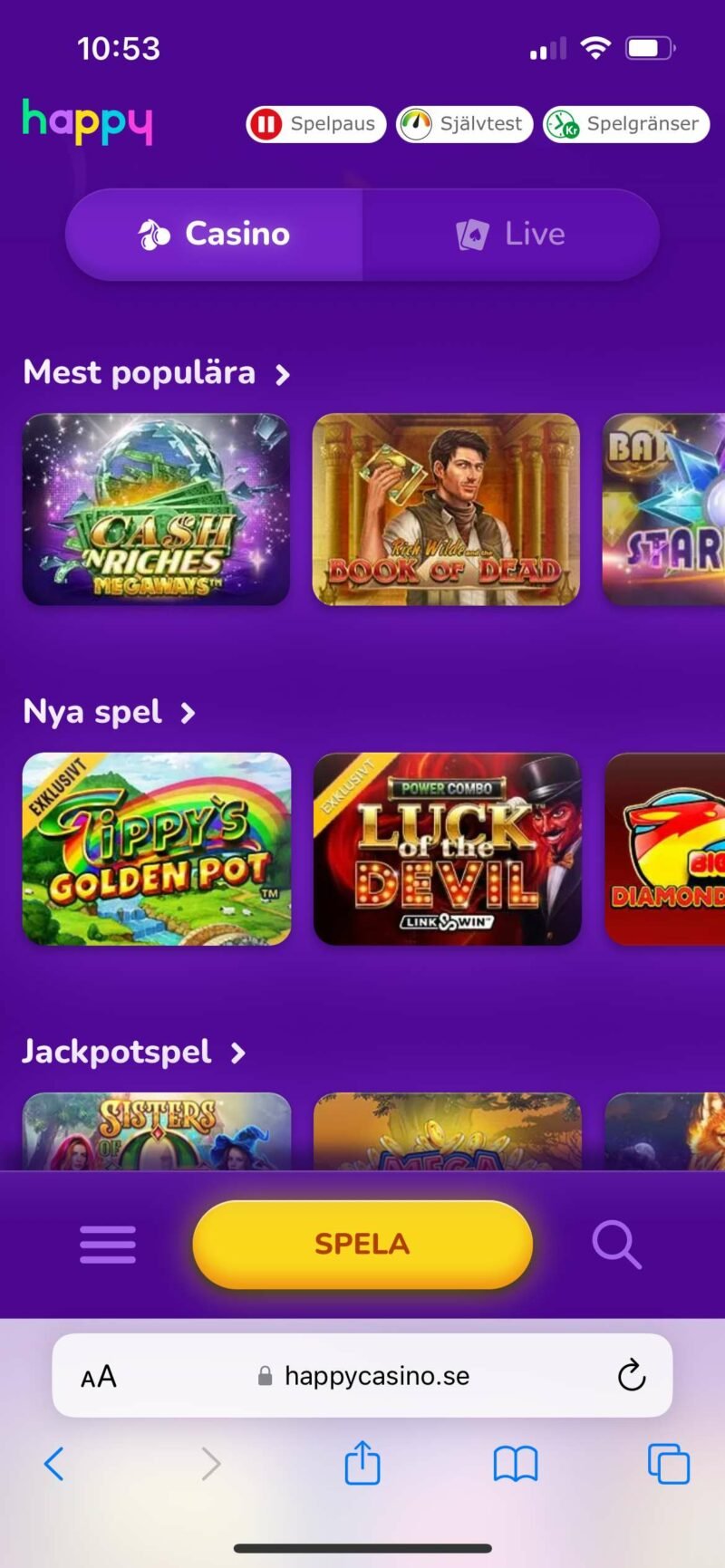 Screenshot för mobil som visar Happy Casino