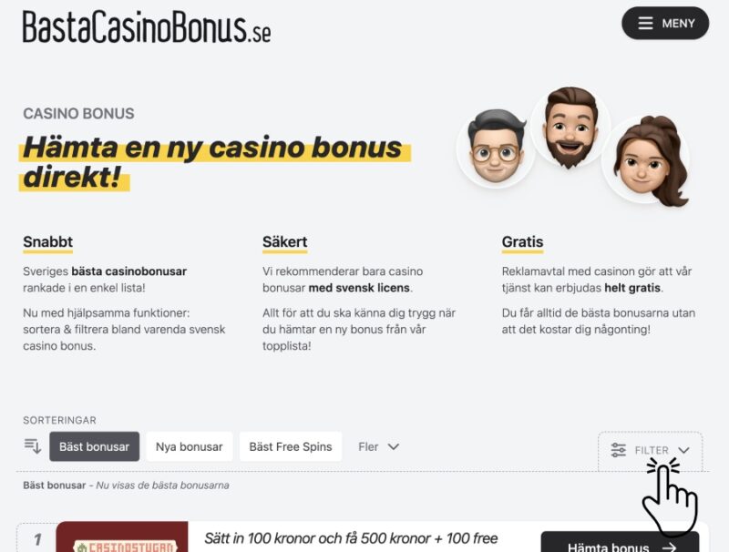 Filter för att kunna hitta bonusar på live casino