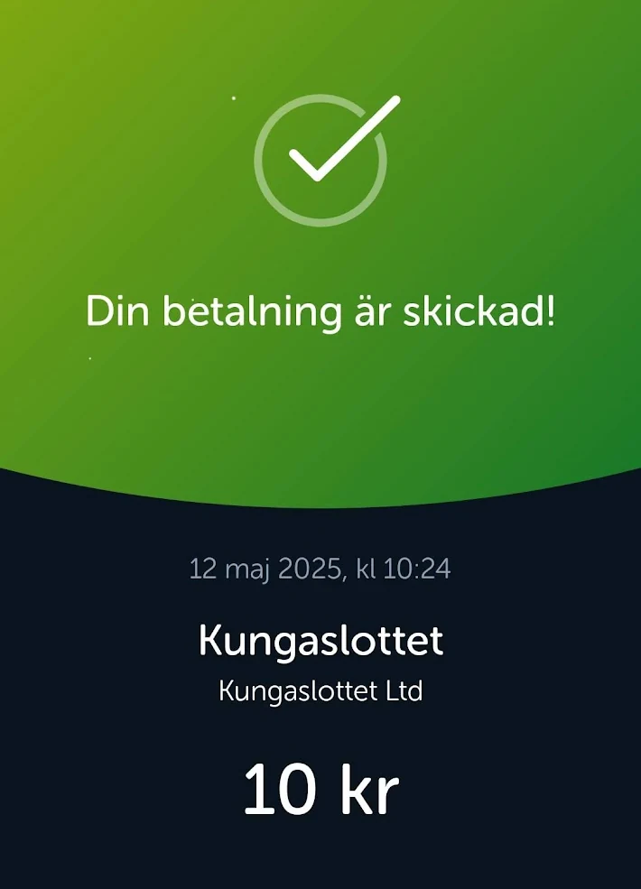 sätt in 10 kronor med swish på kungaslottet bekräftelse