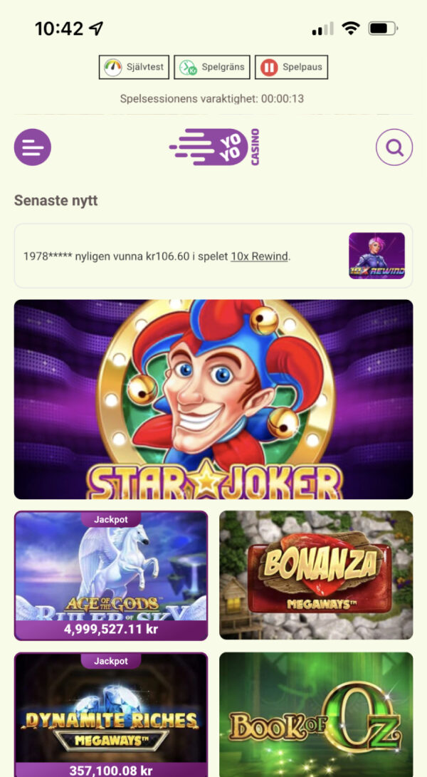 Skärmdump av Yoyo Casino på mobil